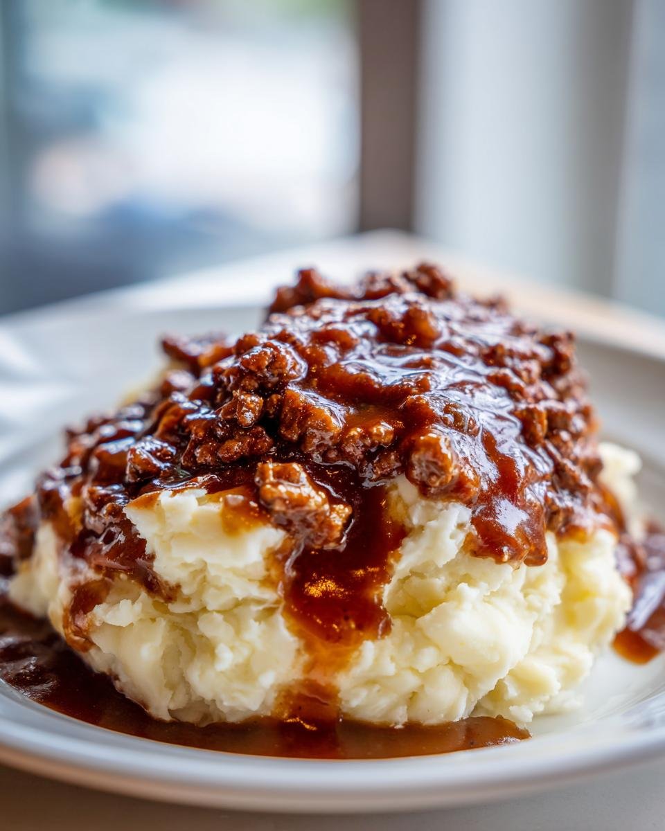 Nahaufnahme von herzhaftem Rinderhackfleisch mit So&szlig;e &uuml;ber cremigem Kartoffoffelp&uuml;ree auf einem wei&szlig;en Teller.