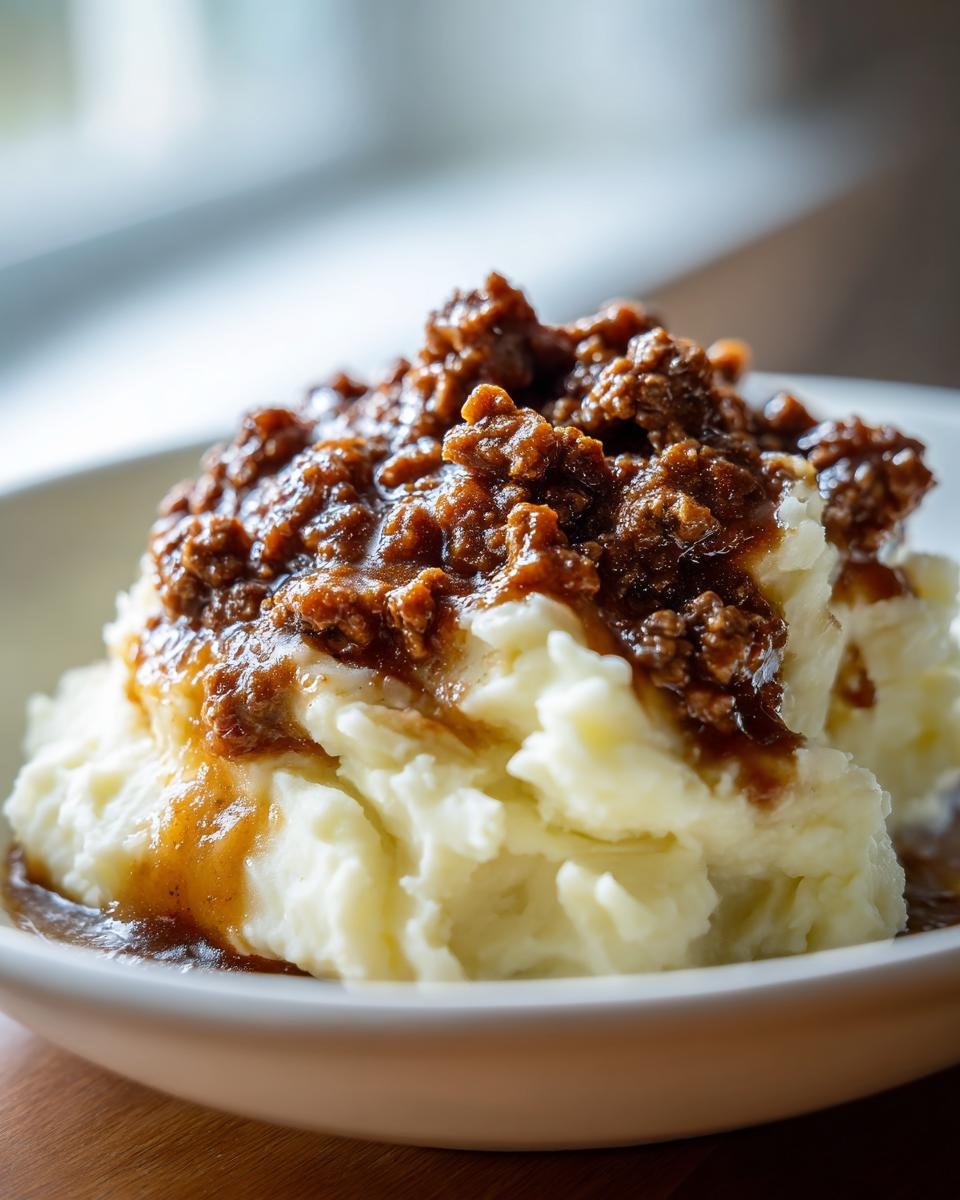Nahaufnahme von herzhaftem Rinderhackfleisch mit So&szlig;e &uuml;ber cremigem Kartoffoffelp&uuml;ree.