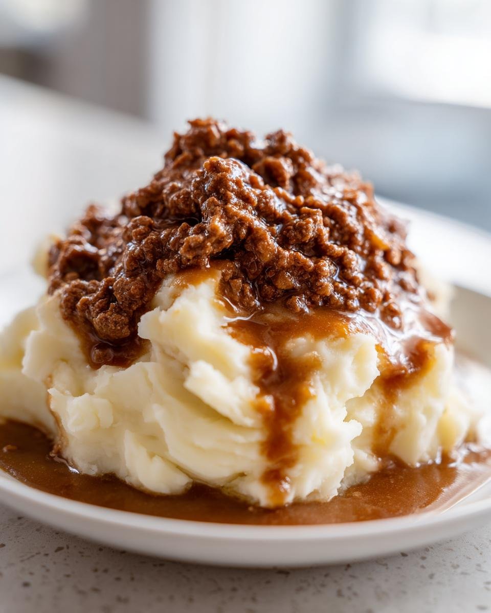 Nahaufnahme von herzhaftem Rinderhackfleisch mit So&szlig;e, das auf einem Berg Kartoffelp&uuml;ree serviert wird.