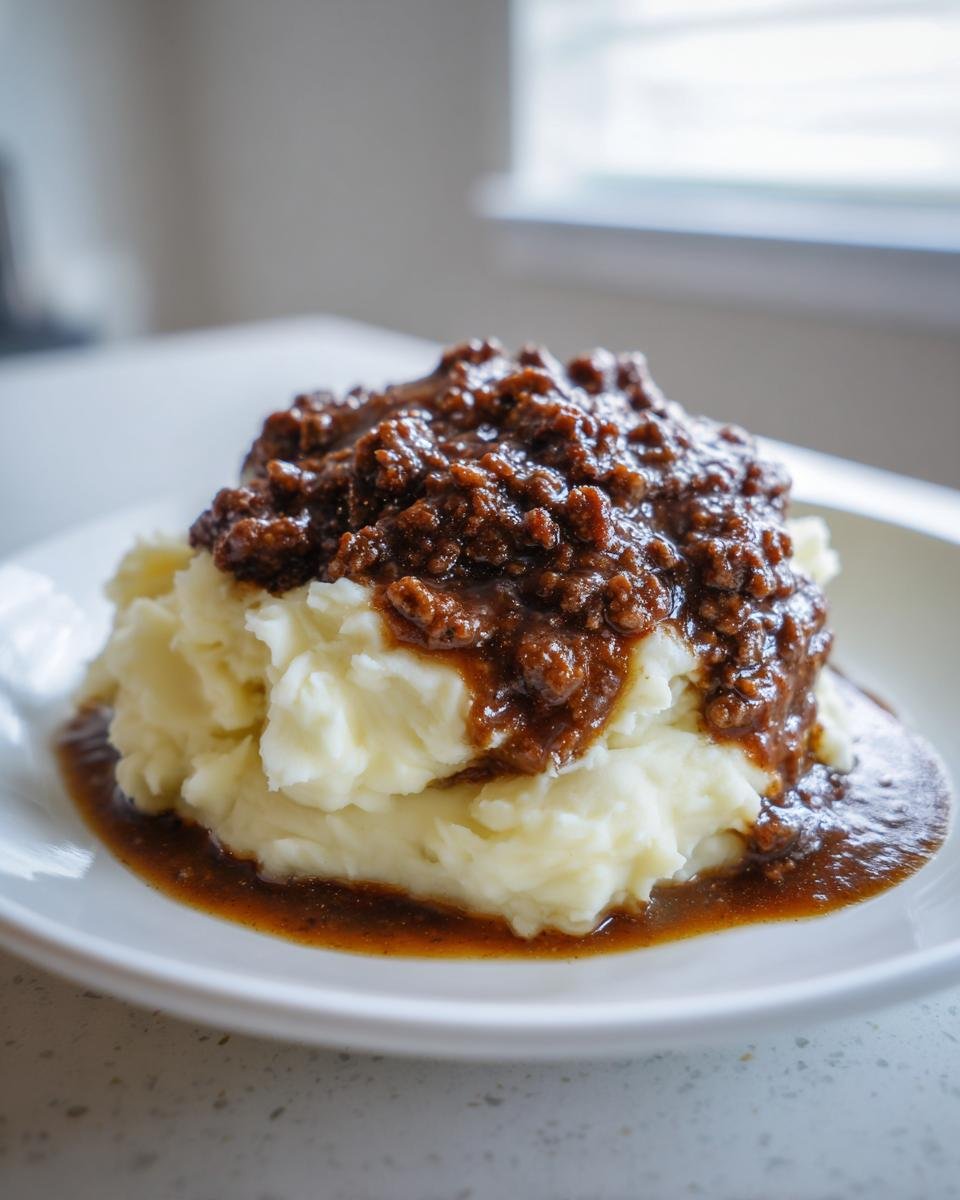 Ein Teller mit cremigem Kartoffelp&uuml;ree, bedeckt mit herzhaftem Rinderhackfleisch mit So&szlig;e.