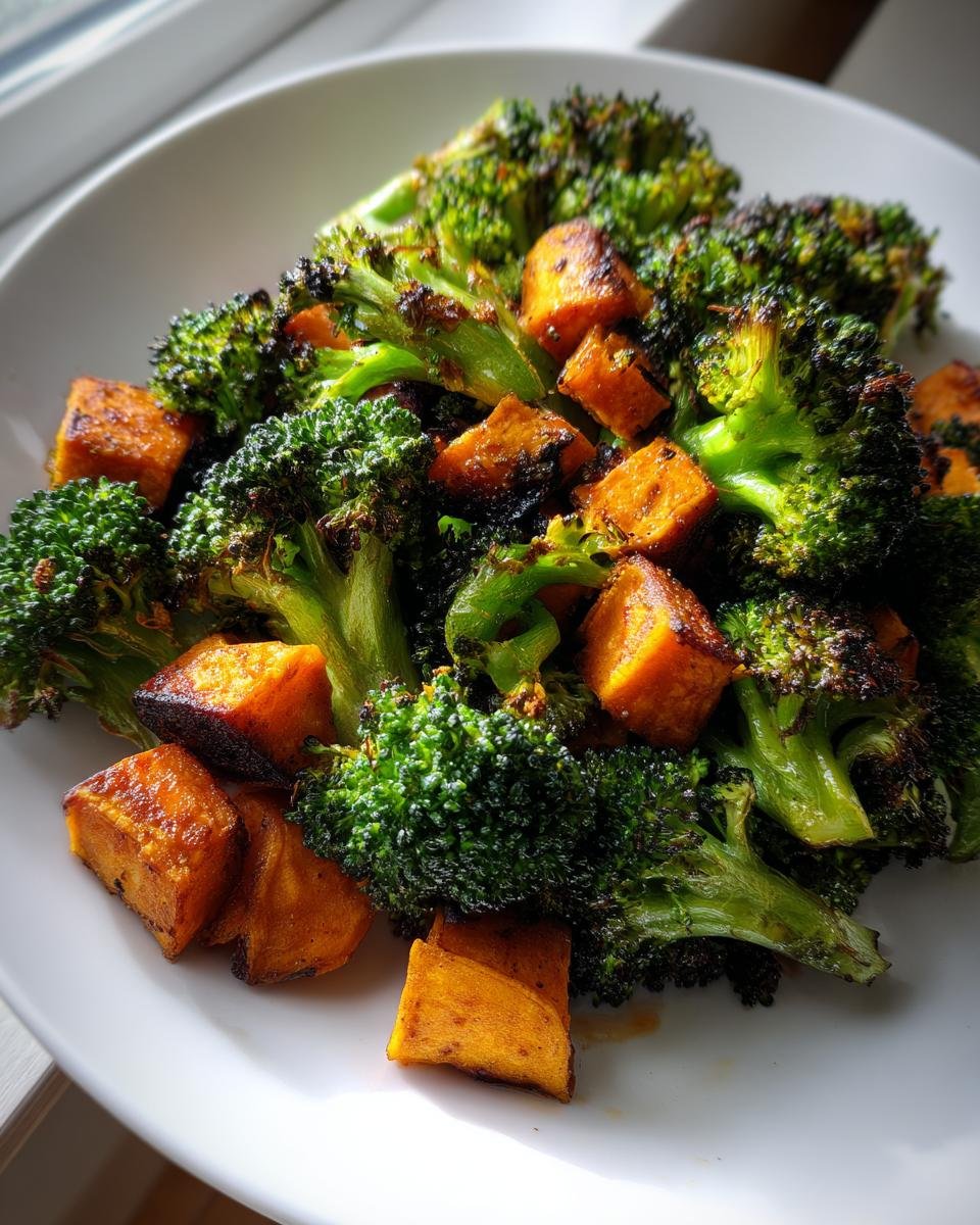 Nahaufnahme von ger&ouml;stetem Brokkoli und gew&uuml;rfelten S&uuml;&szlig;kartoffeln auf einem wei&szlig;en Teller f&uuml;r das herzhafte Rezept.