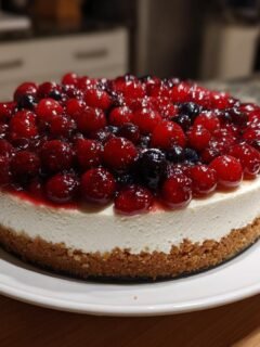 Ein ganzer, ungeschnittener Himmlisches Beerencheesecake mit glänzender roter Beerenkrone auf einem weißen Teller.