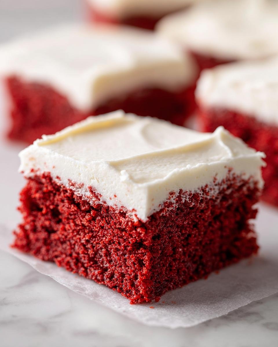 Nahaufnahme eines roten Samtkuchen Riegels mit dicker wei&szlig;er Frischk&auml;seglasur, Teil der Irresistible Cake Batter Bars.