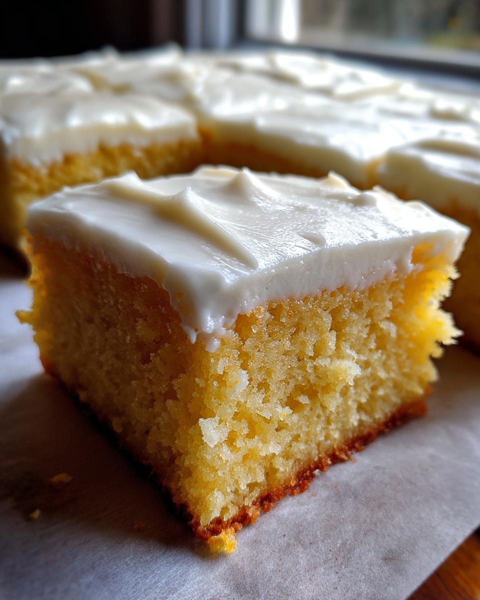 Nahaufnahme eines St&uuml;cks Irresistible Cake Batter Bars mit dickem, wei&szlig;em Zuckerguss.