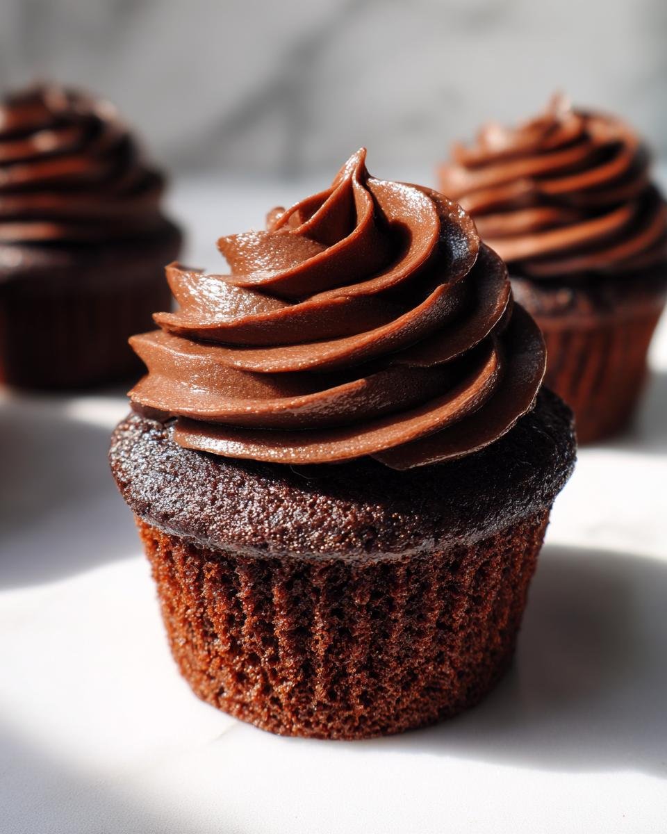 Nahaufnahme eines saftigen Schokoladen-Cupcakes mit hoher, cremiger Schokoladen-Glasur, ein Irresistible Hostess Chocolate Cupcakes.
