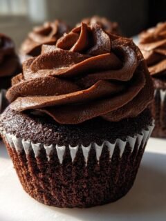 Nahaufnahme eines der Irresistible Hostess Chocolate Cupcakes mit dunklem Schokoladenkuchen und reichhaltigem Schokoladen-Swirl-Frosting.