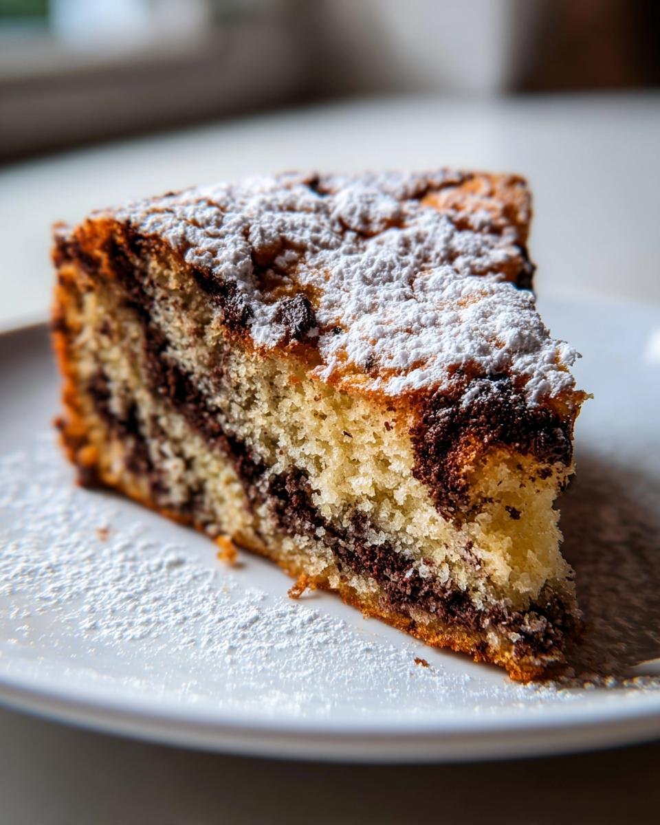 Ein St&uuml;ck saftiger, marmorierter Kuchen mit Schokoladenst&uuml;ckchen, best&auml;ubt mit Puderzucker, das den Irresistible Italian Chocolate Chip Ricotta Cake darstellt.