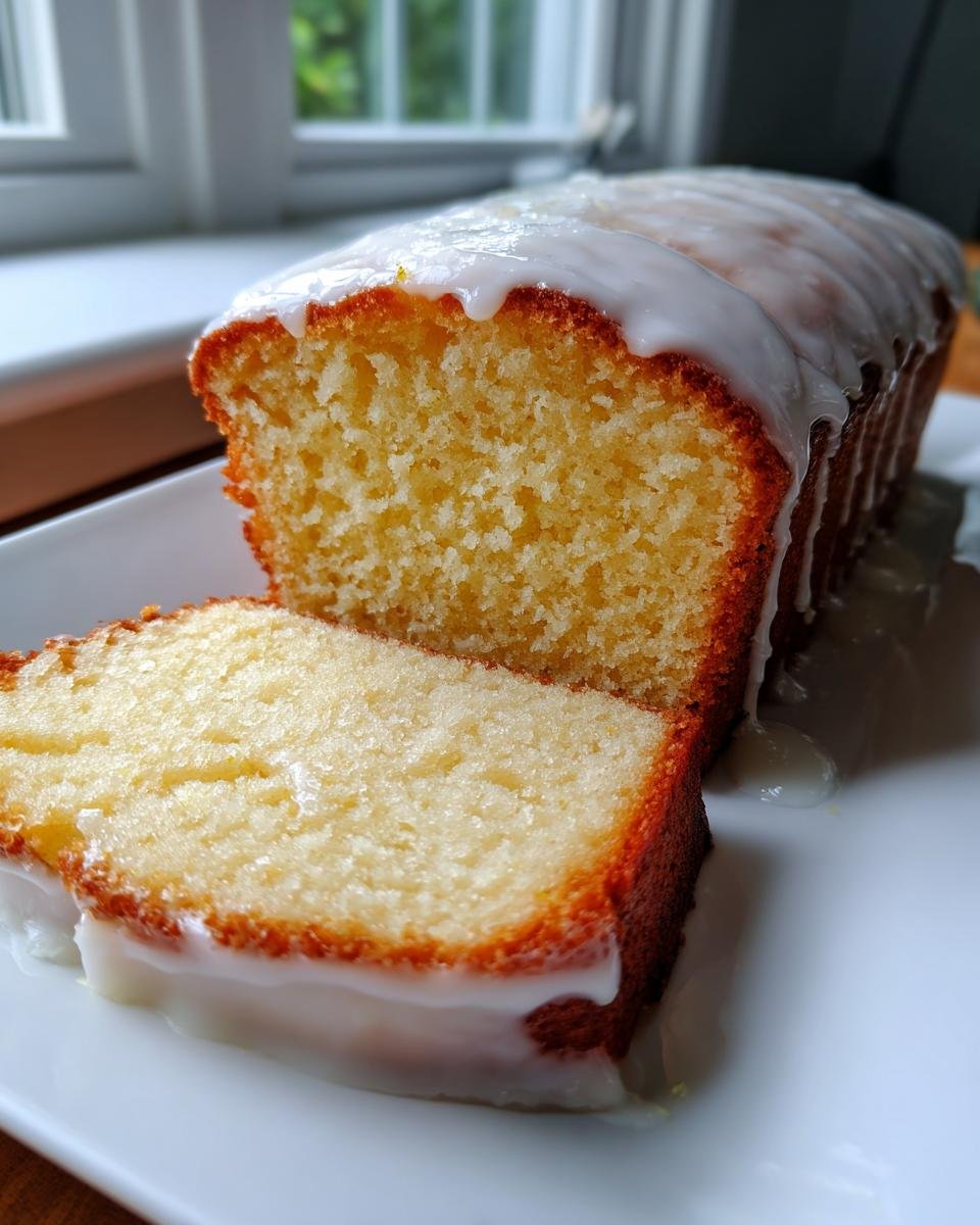 Angeschnittener Irresistible Key Lime Pound Cake mit dicker Zitronenglasur auf einem wei&szlig;en Teller.