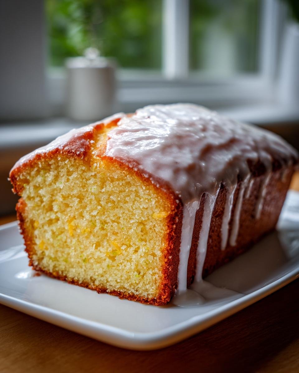 Ein angeschnittenes Irresistible Key Lime Pound Cake Rezept mit cremigem, wei&szlig;em Zuckerguss, auf einem wei&szlig;en Teller.
