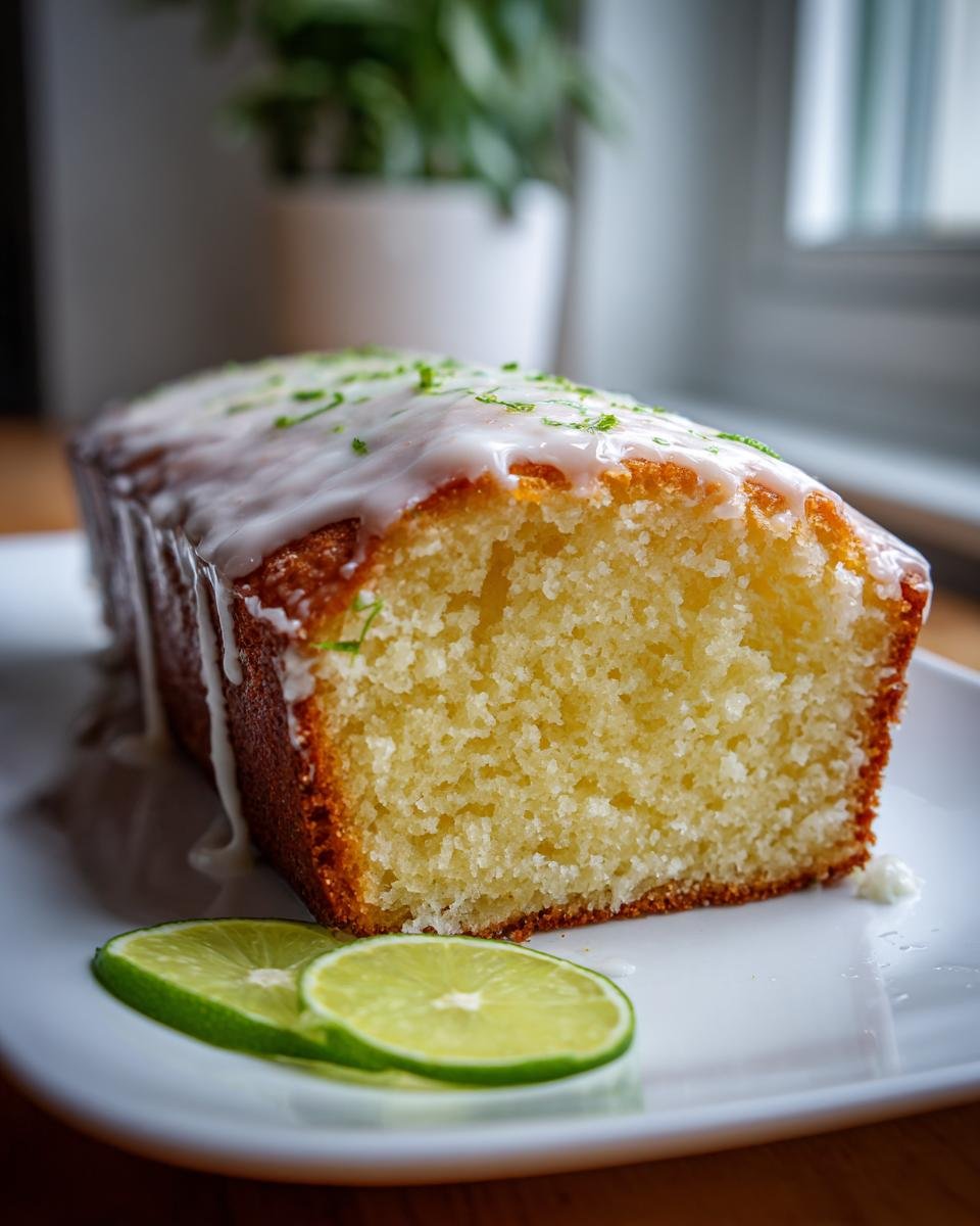 Angeschnittener Irresistible Key Lime Pound Cake mit Zuckerguss und Limettenzesten auf einem Teller.