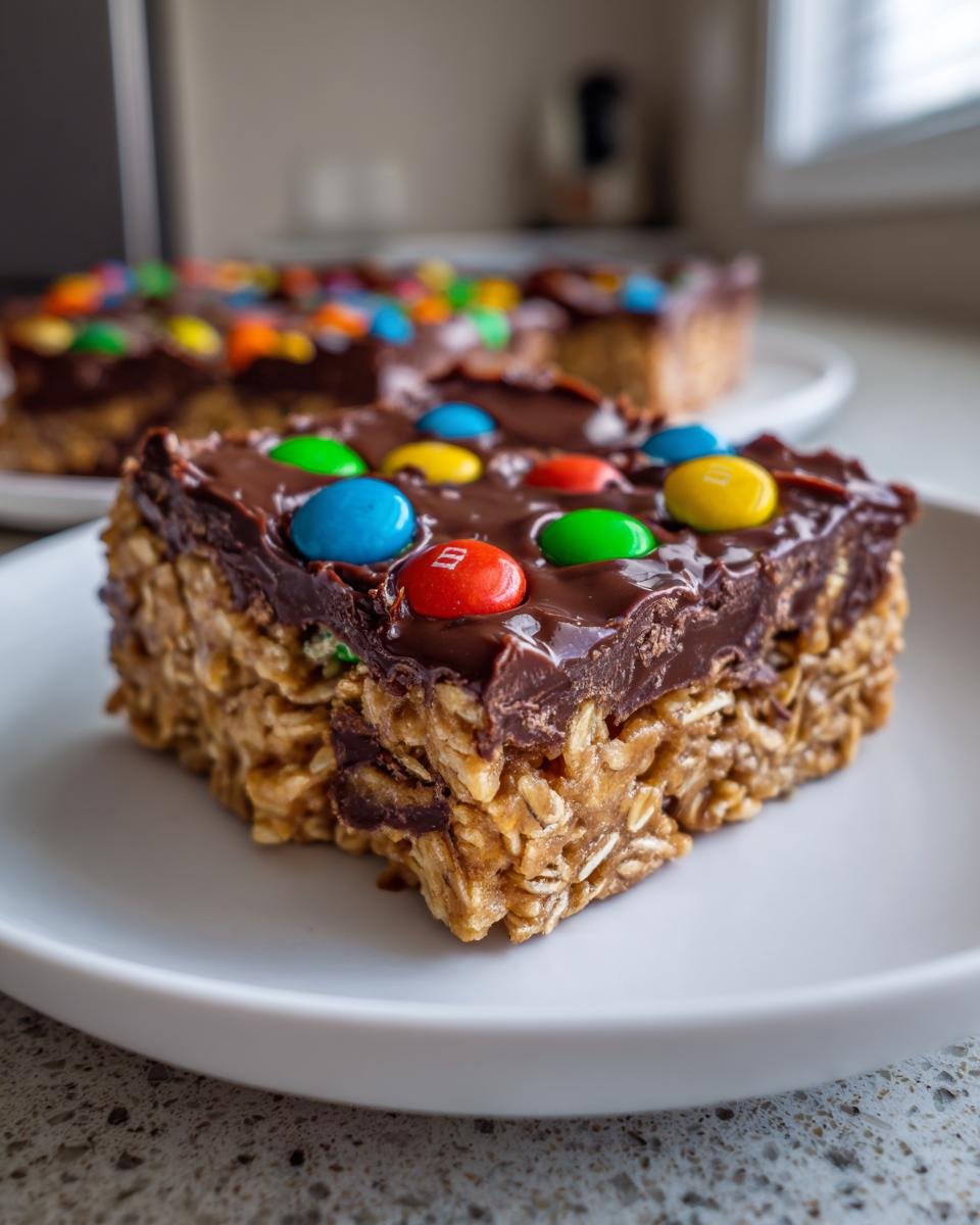 Nahaufnahme eines St&uuml;cks Irresistible M&M Chocolate Fudge Oatmeal Bars mit Schokoladenglasur und bunten M&Ms.