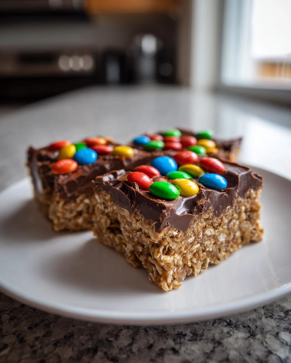 Drei St&uuml;cke der Irresistible M&M Chocolate Fudge Oatmeal Bars mit Schokoladen&uuml;berzug und bunten M&Ms auf einem wei&szlig;en Teller.
