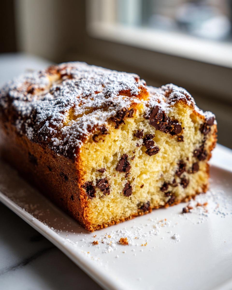 Angeschnittener Italienischer Chocolate Chip Ricotta Kuchen, best&auml;ubt mit Puderzucker, auf einem wei&szlig;en Teller.