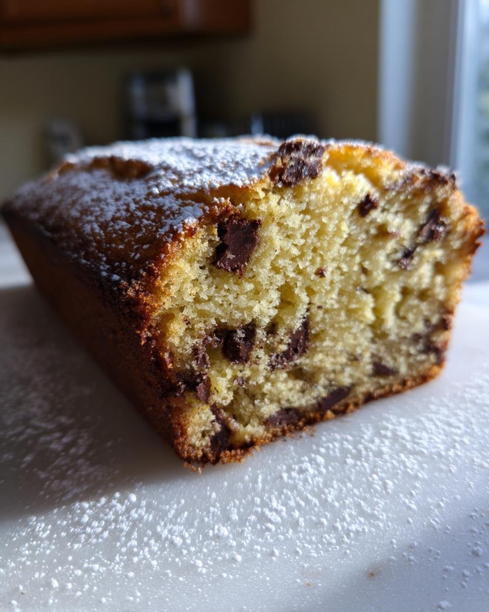 Nahaufnahme eines saftigen St&uuml;cks Italienischer Schokoladen-Ricotta-Kuchen mit Schokost&uuml;ckchen und Puderzucker.