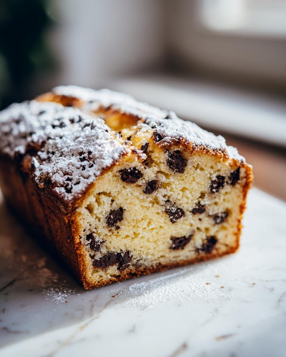 Anschnitt eines saftigen italienischen Schokoladen-Ricotta-Kuchens, best&auml;ubt mit Puderzucker.