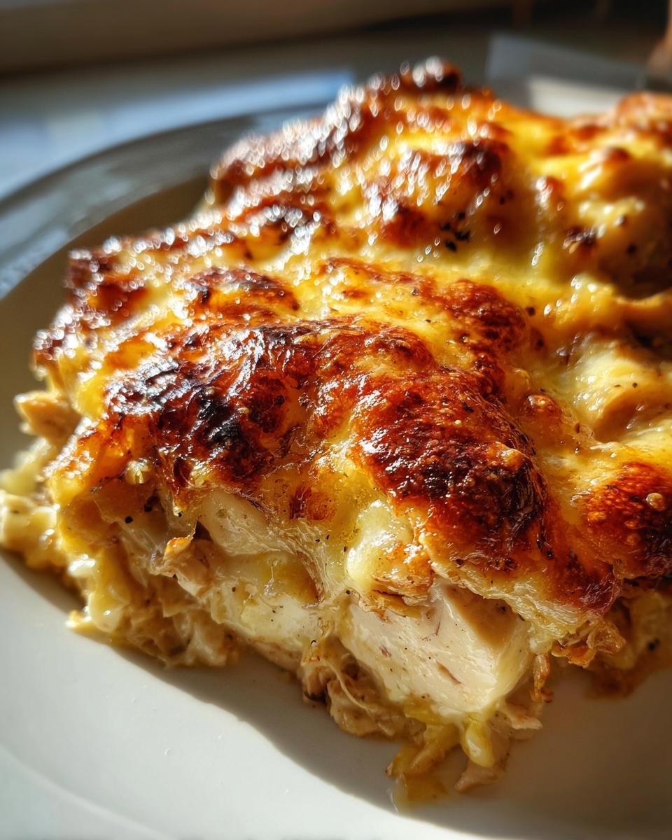 Nahaufnahme eines St&uuml;cks &uuml;berbackenem Cheesy French Onion Chicken Casserole Recipe mit goldbrauner K&auml;sekruste.
