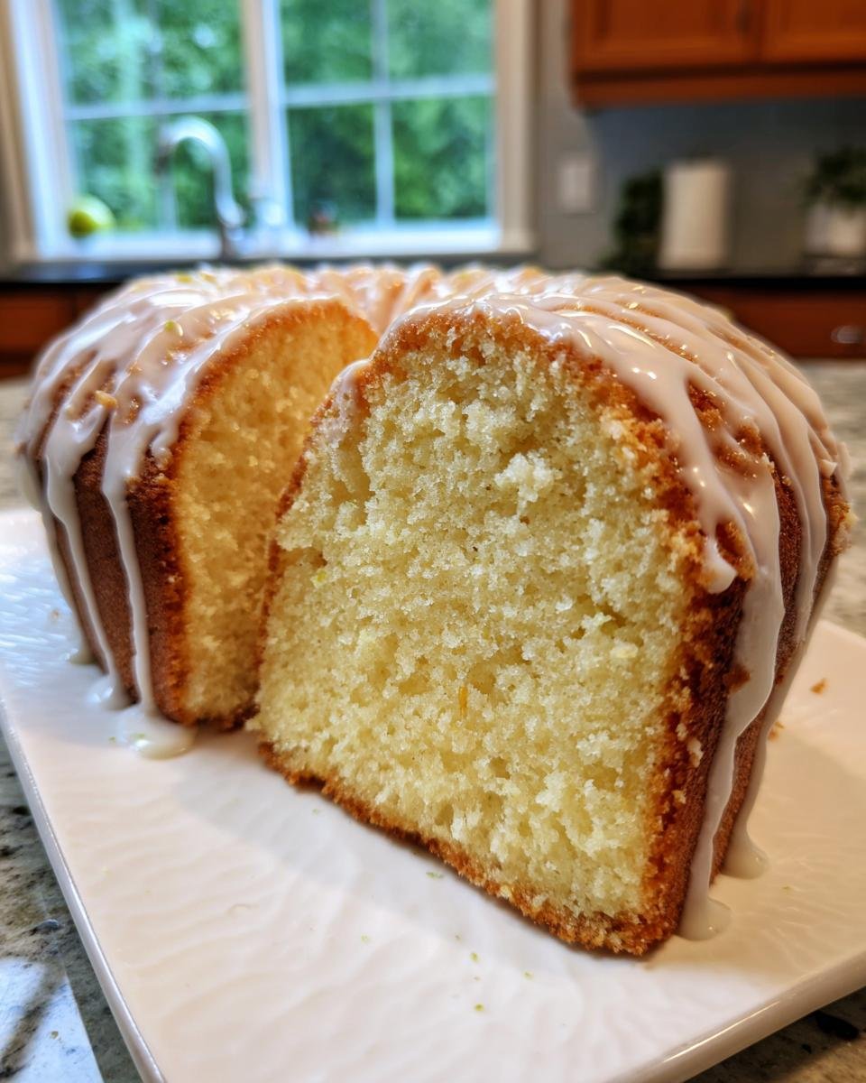 Angeschnittener, glasierter Gugelhupf des unwiderstehlichen Key Lime Pound Cake auf einem wei&szlig;en Teller.