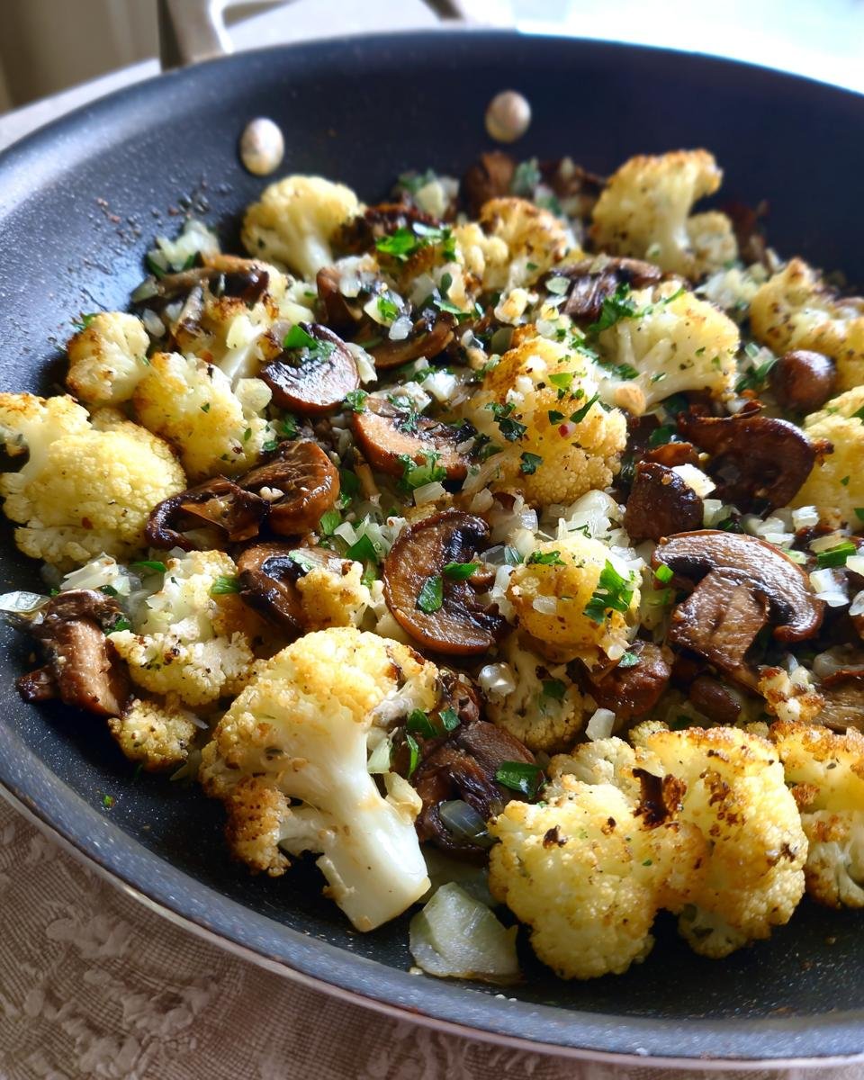 Gebratener Knoblauch Blumenkohl Pilz Pfanne mit Kr&auml;utern in einer dunklen Pfanne.