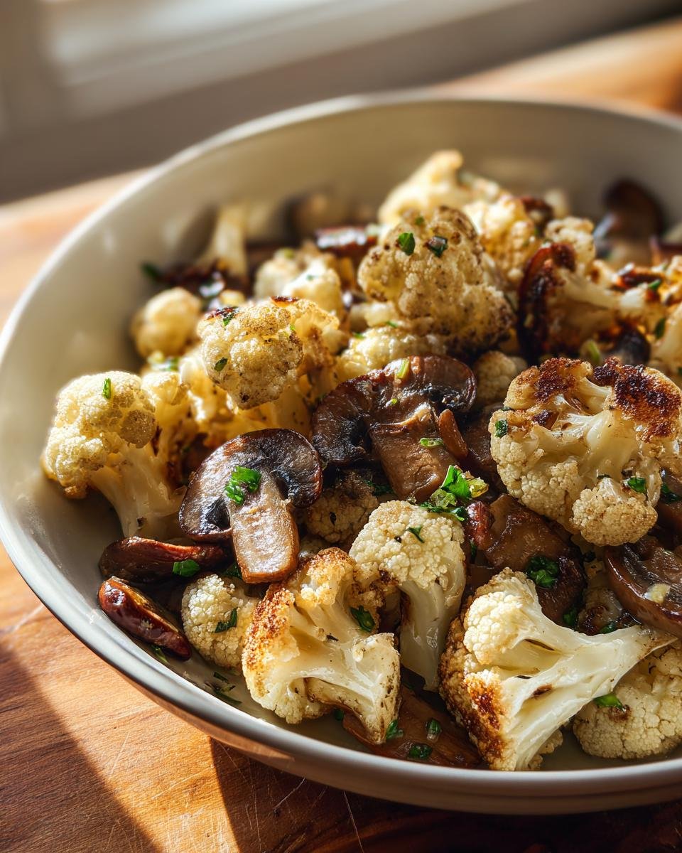 Nahaufnahme eines Bowls mit gebratenem Knoblauch Blumenkohl Pilz Pfannengericht, leicht gebr&auml;unt und mit Kr&auml;utern bestreut.