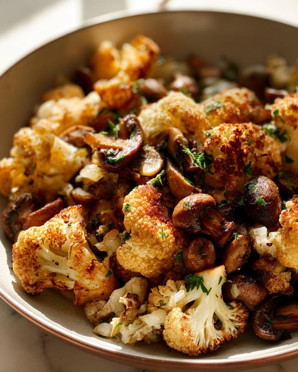 Nahaufnahme eines gebratenen Knoblauch Blumenkohl Pilz Pfannengericht mit gebr&auml;unten R&ouml;schen und Pilzen.