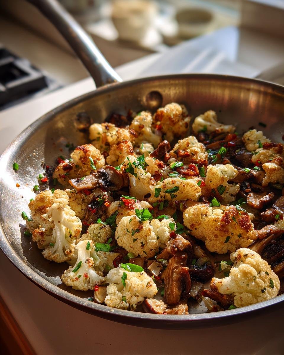 Gebratenes Knoblauch Blumenkohl Pilz Pfannengericht mit Kr&auml;utern in einer Edelstahlpfanne.