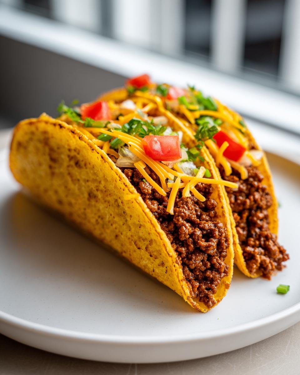 Zwei knusprige Baked Tacos gef&uuml;llt mit gew&uuml;rztem Hackfleisch, K&auml;se, Tomaten und Zwiebeln.