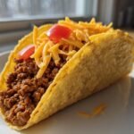 Nahaufnahme eines knusprigen Tacos gef&uuml;llt mit gew&uuml;rztem Hackfleisch, K&auml;se und Tomaten.