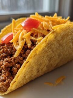 Nahaufnahme eines knusprigen Tacos gefüllt mit gewürztem Hackfleisch, Käse und Tomaten.