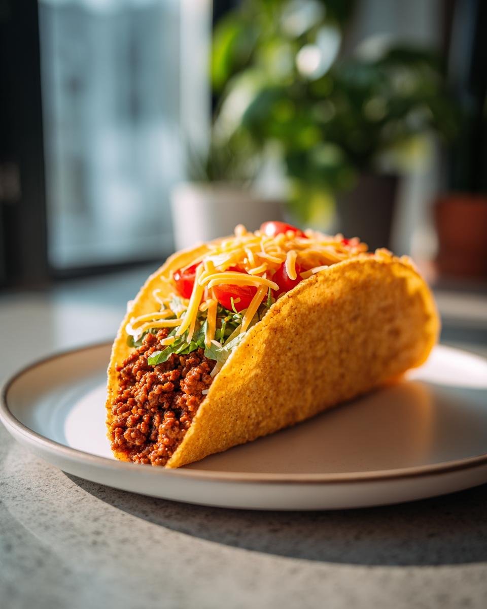 Ein knuspriger Taco mit gew&uuml;rztem Hackfleisch, Salat, Tomaten und geriebenem K&auml;se auf einem Teller.