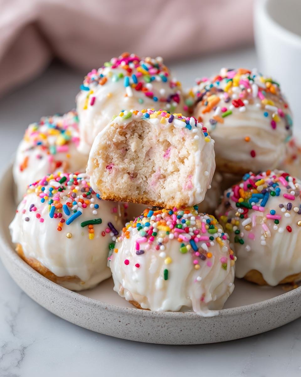 Nahaufnahme von Crispy Cotton Candy Cheesecake Bombs mit wei&szlig;er Glasur und bunten Streuseln, einer angeschnitten.