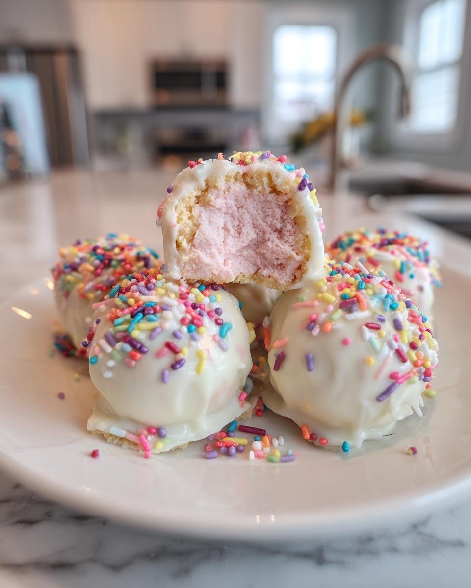 Nahaufnahme von knusprigen Cotton Candy Cheesecake Bombs, &uuml;berzogen mit wei&szlig;er Schokolade und bunten Streuseln, einer halbiert.