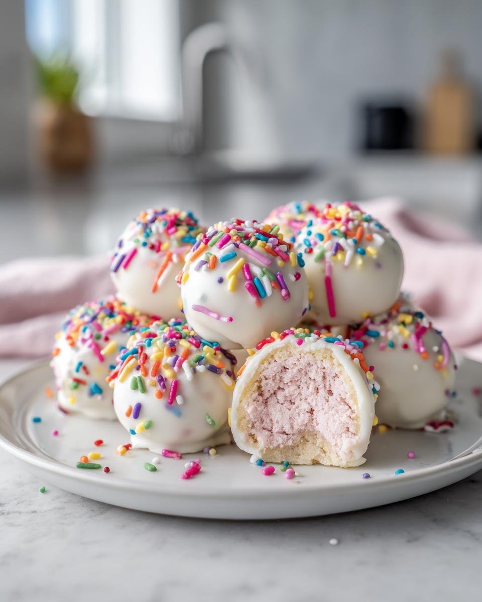 Stapel von knusprigen Cotton Candy Cheesecake Bombs, &uuml;berzogen mit wei&szlig;er Glasur und bunten Streuseln, einer angeschnitten.