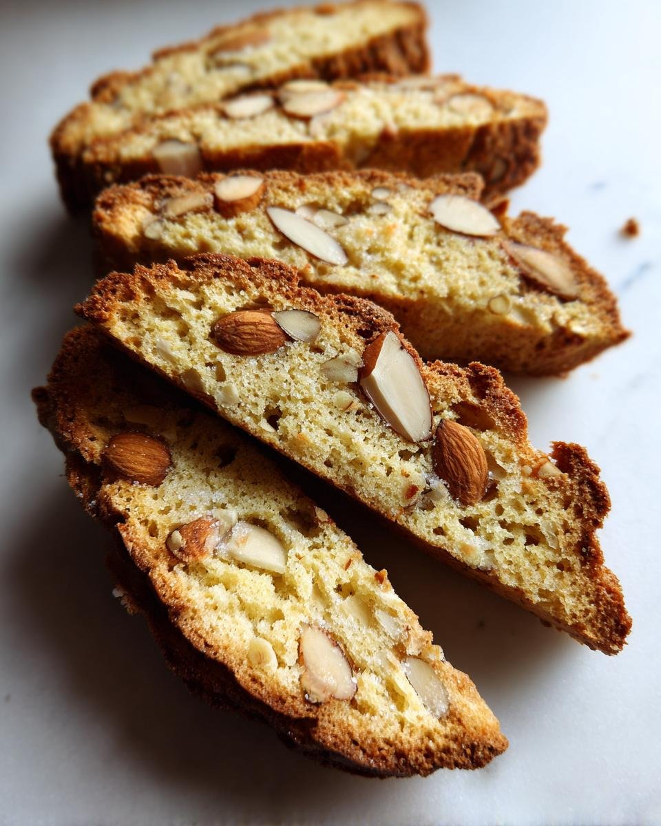 Nahaufnahme von knusprigen Crispy Limoncello Almond Biscotti Scheiben mit ganzen Mandeln auf wei&szlig;em Marmor.