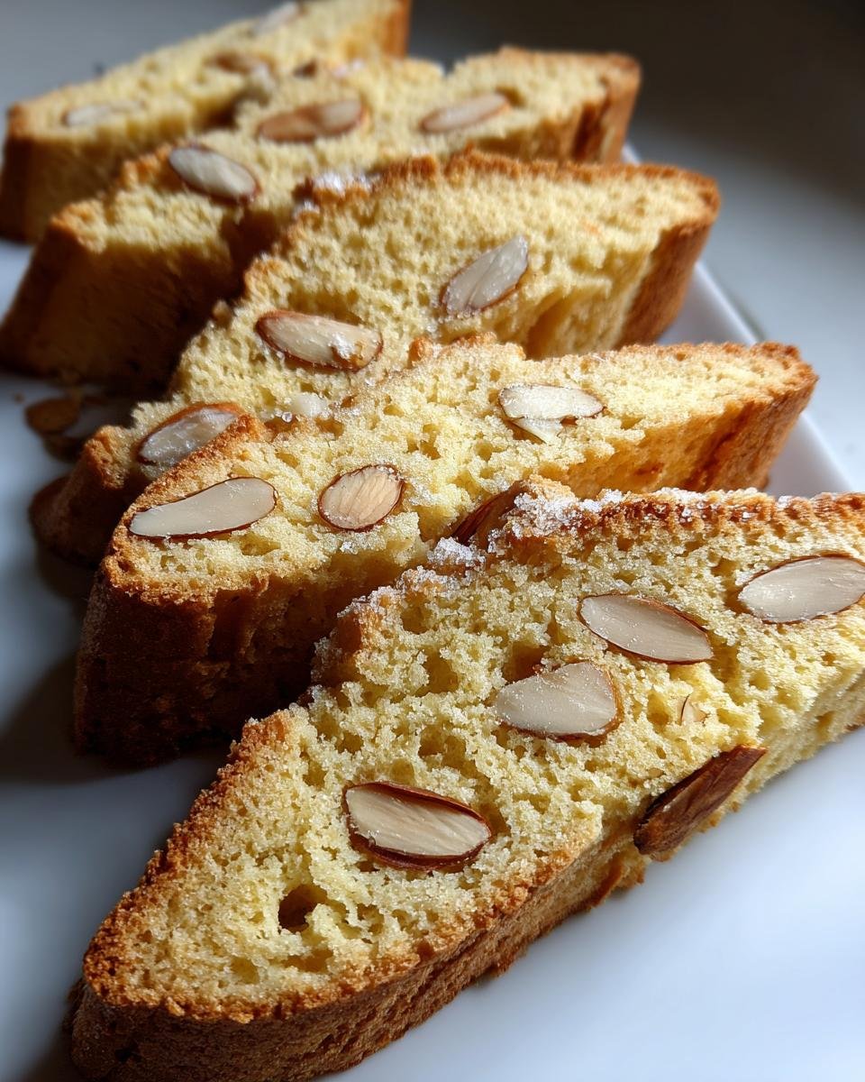 Nahaufnahme von mehreren Scheiben knuspriges Crispy Limoncello Almond Biscotti mit Mandelst&uuml;cken.