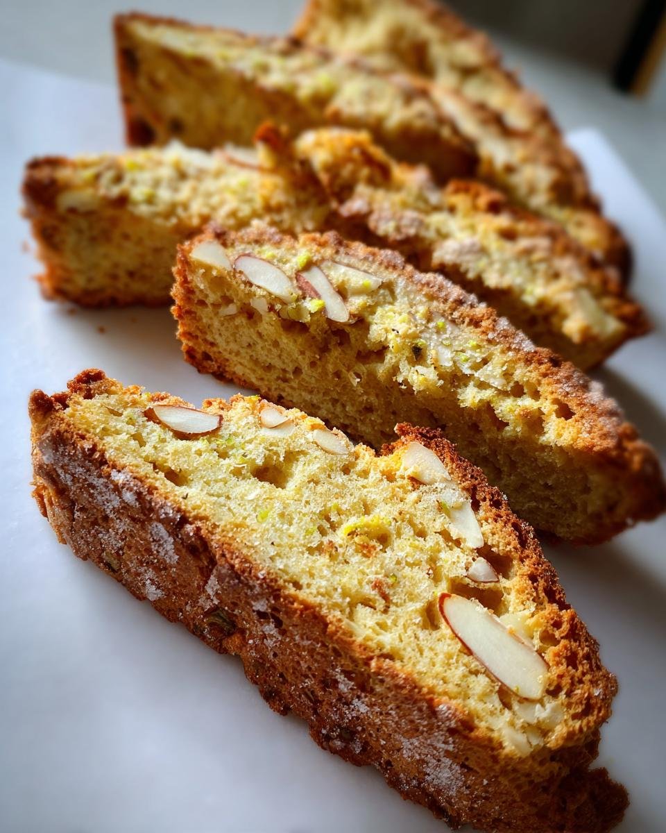 Nahaufnahme von mehreren Scheiben knuspriges Crispy Limoncello Almond Biscotti mit Mandelst&uuml;cken auf wei&szlig;em Hintergrund.