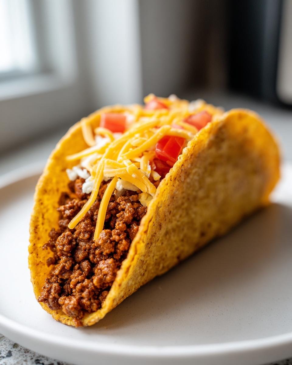 Nahaufnahme eines knusprigen Tacos gef&uuml;llt mit gew&uuml;rztem Hackfleisch, K&auml;se und Tomaten.