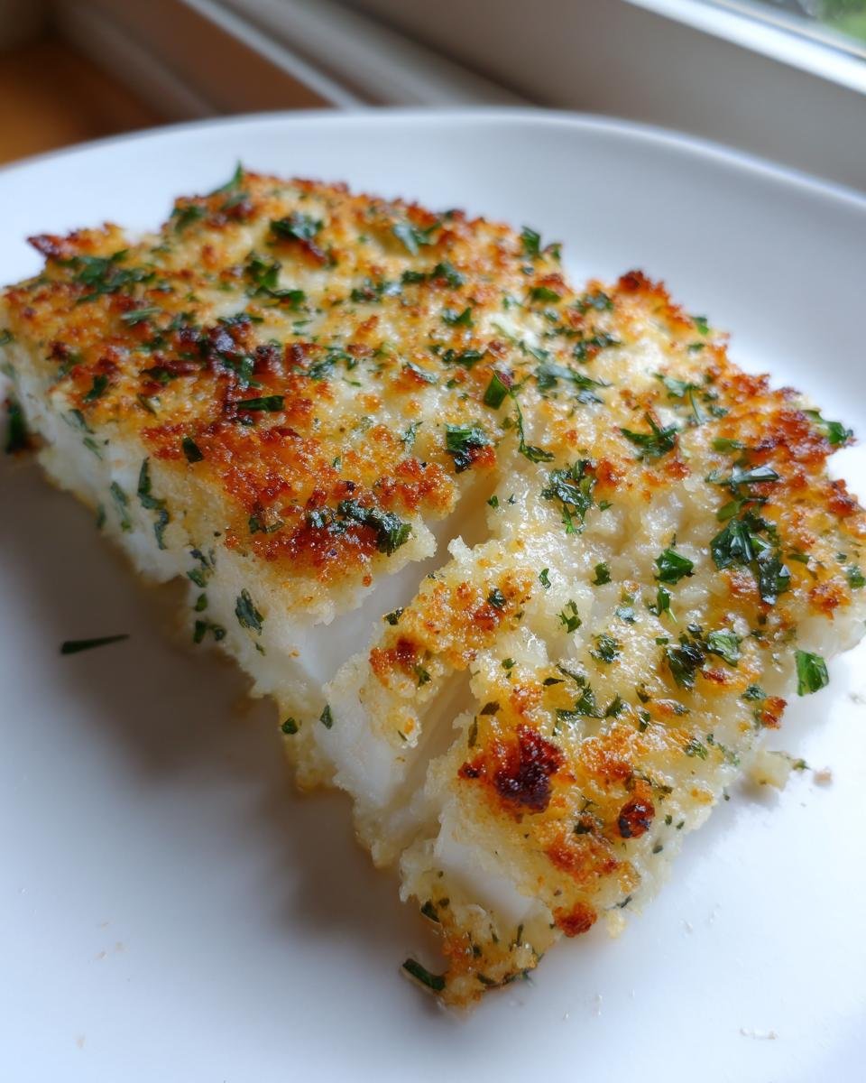 Nahaufnahme von saftigem Garlic Parmesan Halibut mit goldbrauner Kruste und Petersilie.