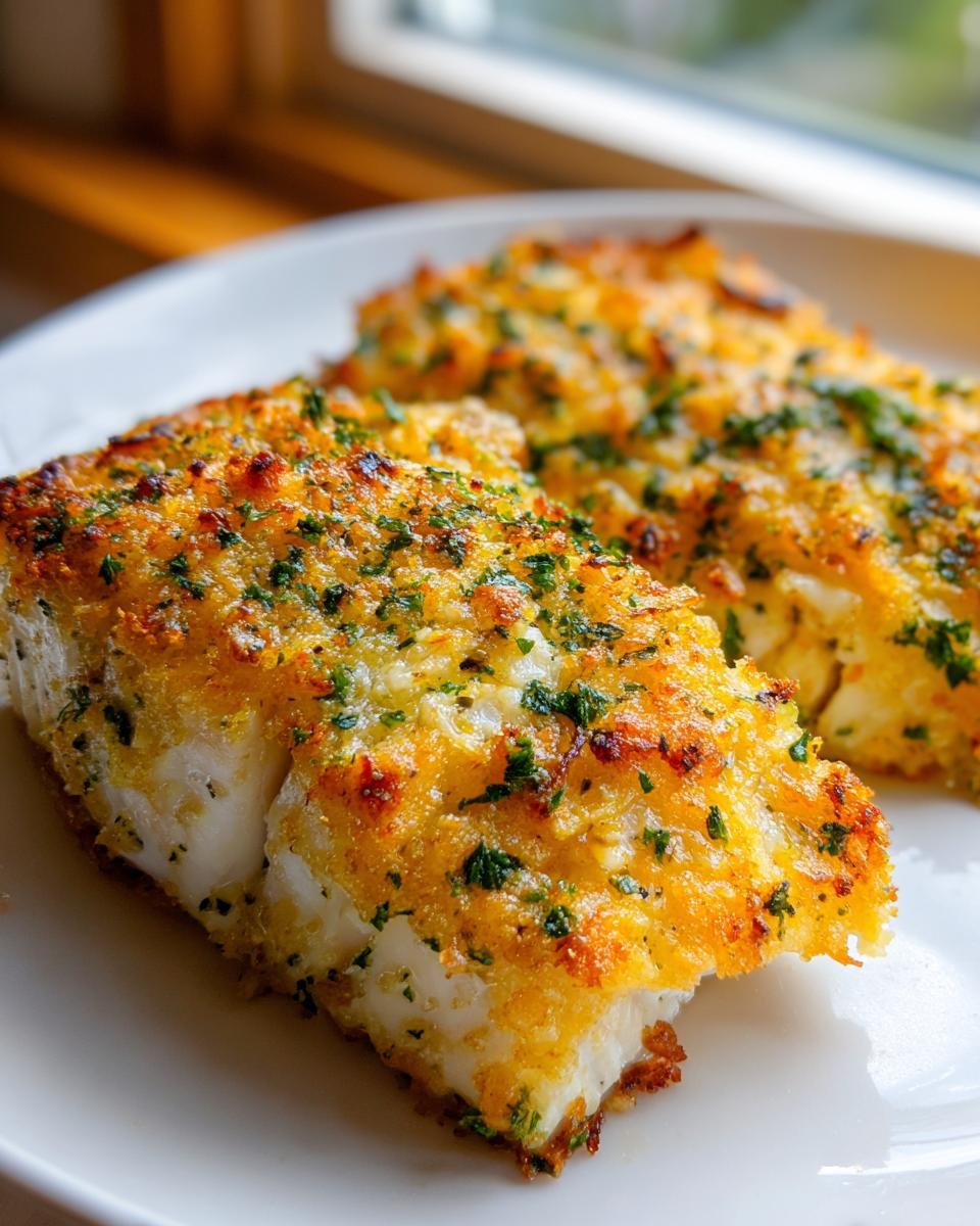 Zwei St&uuml;cke saftiger Fisch mit goldbrauner Garlic Parmesan Halibut Kruste, garniert mit Petersilie.