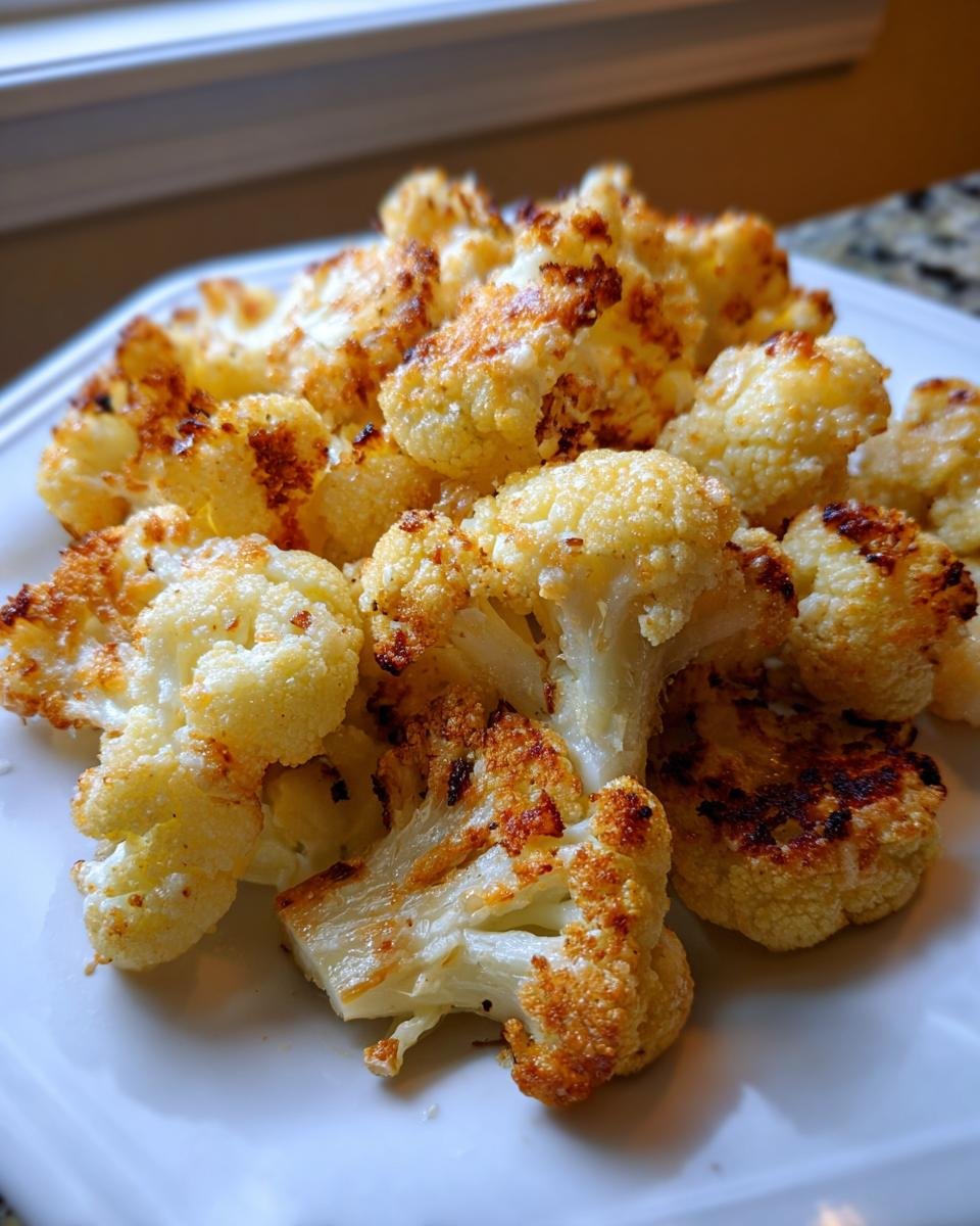 Nahaufnahme von knusprig gebackenem Parmesan-Blumenkohl auf einem weißen Teller.