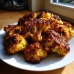 Ein Teller mit knusprig gebackenem Parmesan Blumenkohl, goldbraun und karamellisiert.