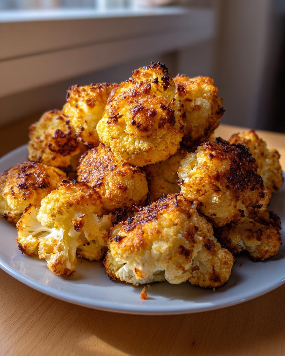 Ein Haufen knusprig gebratener Blumenkohlröschen mit goldbrauner Parmesan-Kruste, angerichtet auf einem Teller.