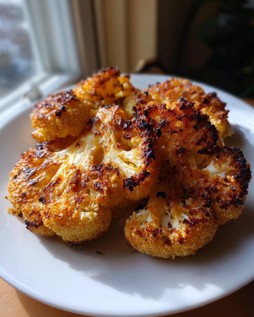 Mehrere goldbraun gebackene Blumenkohlsteaks mit knuspriger Kruste für das Crispy Parmesan Roasted Cauliflower Recipe.