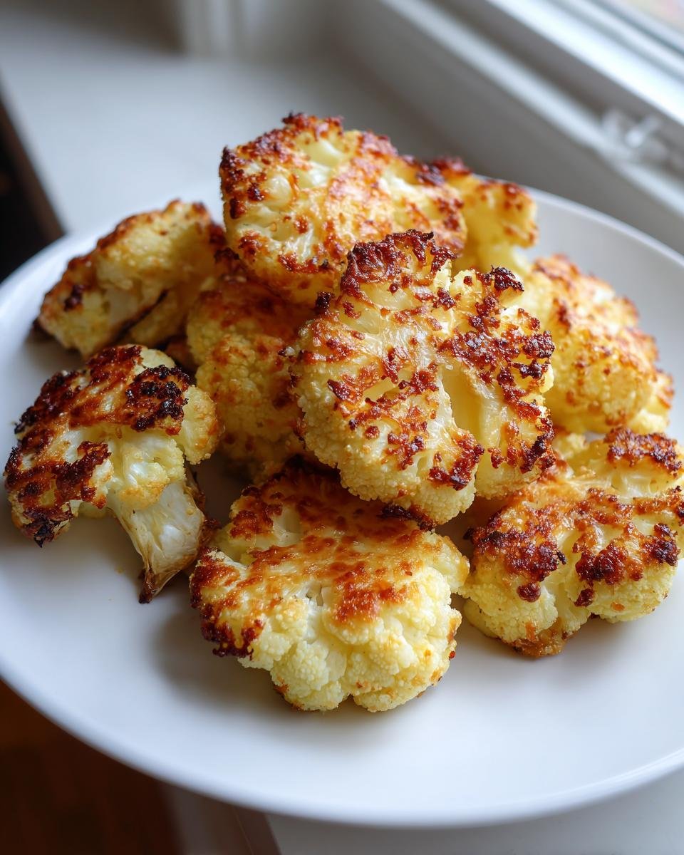 Nahaufnahme von knusprig gebackenem Parmesan Roasted Cauliflower auf einem weißen Teller.