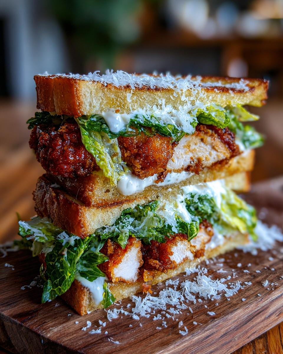 Zwei H&auml;lften eines gestapelten Crispy Chicken Caesar Sandwich mit viel Sauce und Parmesan.
