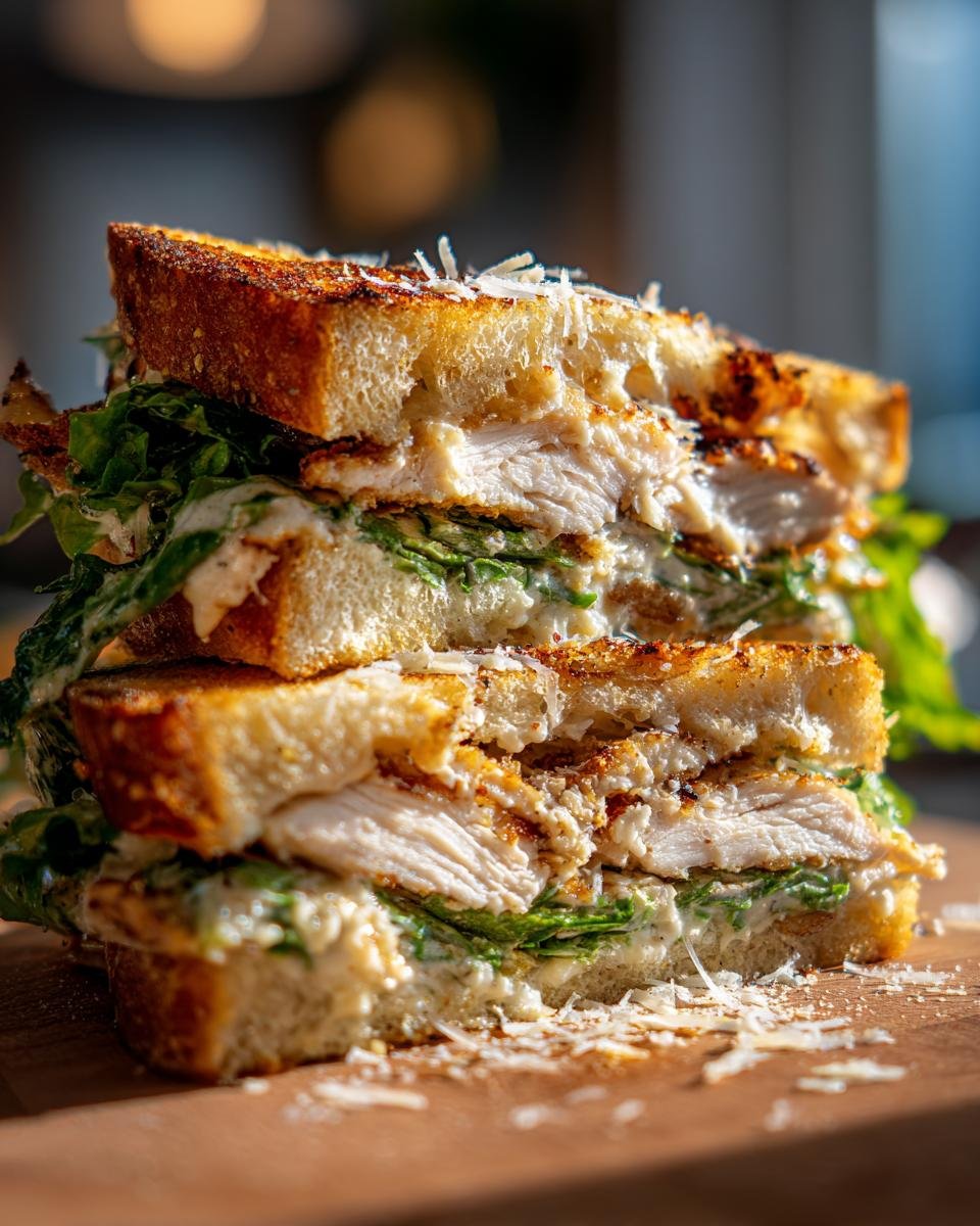 Nahaufnahme eines gestapelten Crispy Chicken Caesar Sandwich mit gegrilltem Brot, H&auml;hnchen und Caesar-Dressing.