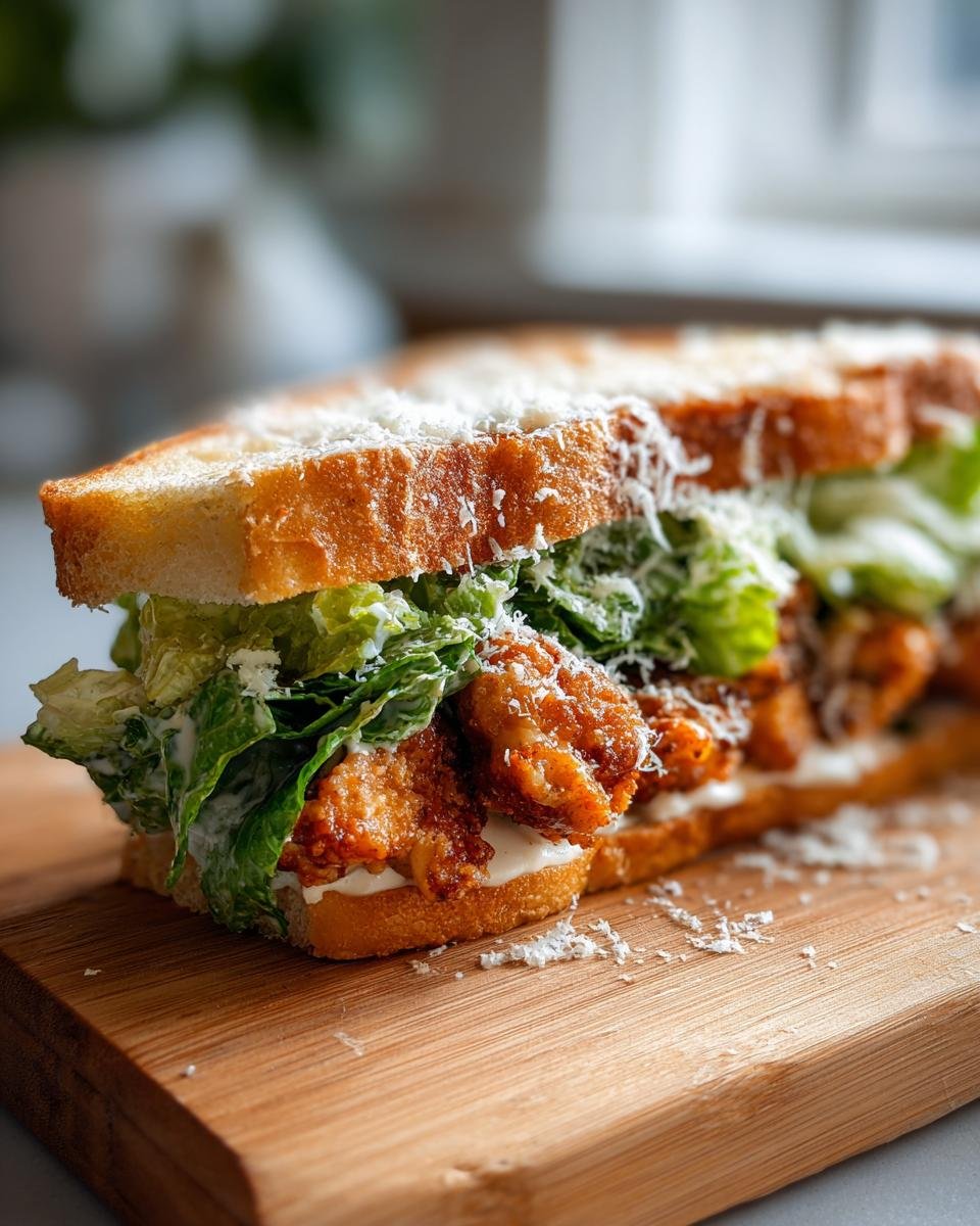 Nahaufnahme eines Crispy Chicken Caesar Sandwich mit paniertem H&auml;hnchen, R&ouml;mersalat und Parmesan auf einem Holzbrett.