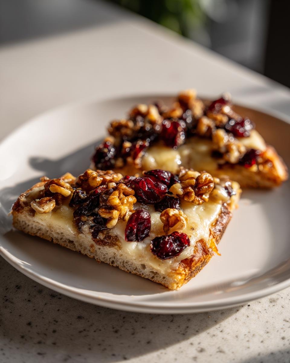 Zwei St&uuml;cke Crispy Flatbread With Brie Cranberries And Walnuts auf einem Teller, belegt mit geschmolzenem K&auml;se, Waln&uuml;ssen und getrockneten Cranberrys.