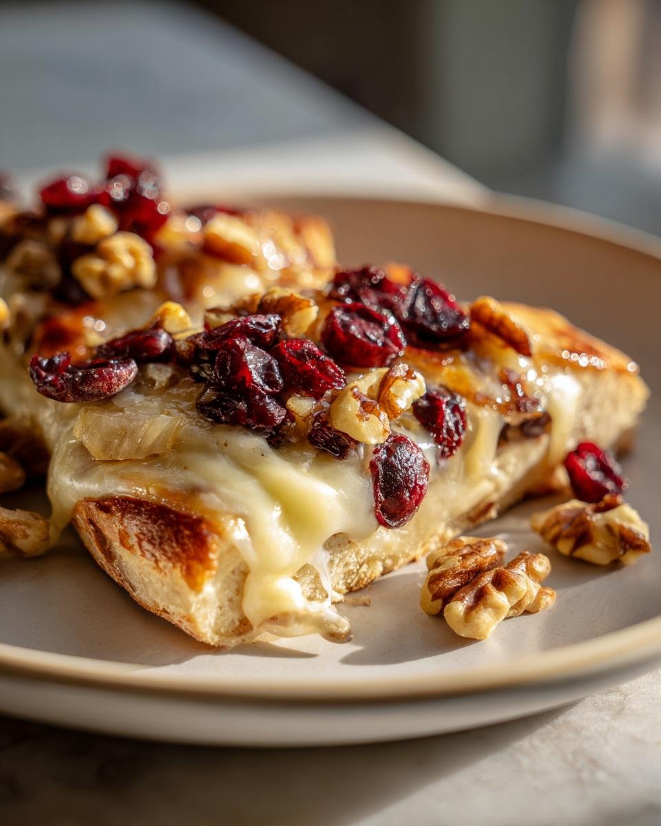 Nahaufnahme von einem St&uuml;ck Knuspriges Fladenbrot mit Brie, geschmolzenem K&auml;se, getrockneten Cranberrys und Waln&uuml;ssen auf einem Teller.