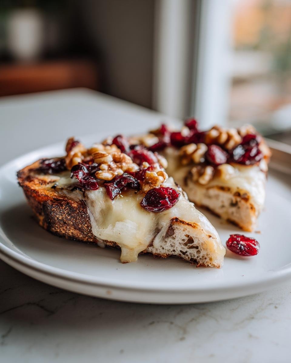 Zwei St&uuml;cke knuspriges Fladenbrot mit geschmolzenem Brie, getrockneten Cranberrys und Waln&uuml;ssen.