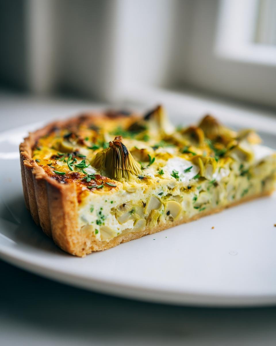 Ein angeschnittenes St&uuml;ck der k&ouml;stlichen Artischocken-Ackerbohnen-Tarte mit goldbraunem Rand auf einem wei&szlig;en Teller.
